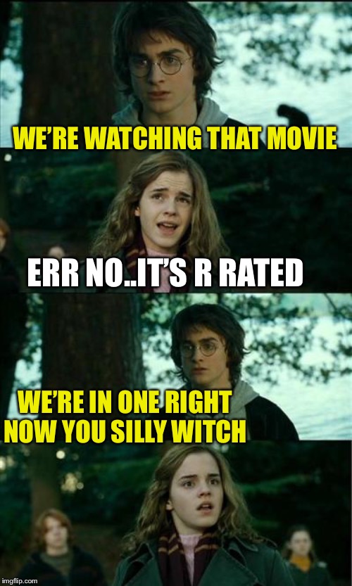 Horny Harry Meme | WE’RE WATCHING THAT MOVIE ERR NO..IT’S R RATED WE’RE IN ONE RIGHT NOW YOU SILLY WITCH | image tagged in memes,horny harry | made w/ Imgflip meme maker
