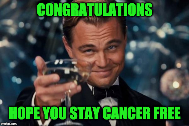 Leonardo Dicaprio Cheers Meme | CONGRATULATIONS HOPE YOU STAY CANCER FREE | image tagged in memes,leonardo dicaprio cheers | made w/ Imgflip meme maker