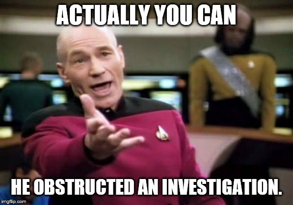 Picard Wtf Meme | ACTUALLY YOU CAN HE OBSTRUCTED AN INVESTIGATION. | image tagged in memes,picard wtf | made w/ Imgflip meme maker