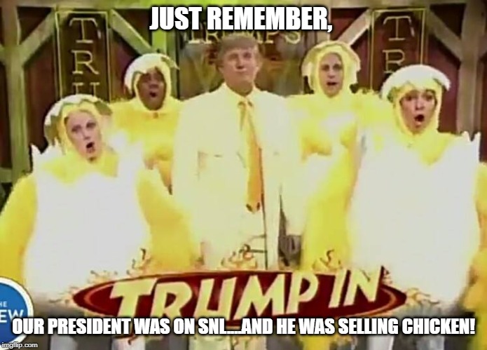 Trump In Chicken | JUST REMEMBER, OUR PRESIDENT WAS ON SNL....AND HE WAS SELLING CHICKEN! | image tagged in donald trump | made w/ Imgflip meme maker
