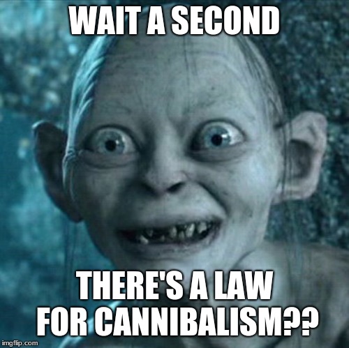 Gollum | WAIT A SECOND; THERE'S A LAW FOR CANNIBALISM?? | image tagged in memes,gollum | made w/ Imgflip meme maker