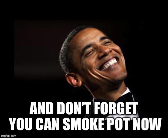 Oh Yeah Barack Obama Time | AND DON’T FORGET YOU CAN SMOKE POT NOW | image tagged in oh yeah barack obama time | made w/ Imgflip meme maker