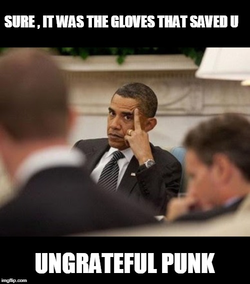 BHO_Flips_Bird_2 | SURE , IT WAS THE GLOVES THAT SAVED U UNGRATEFUL PUNK | image tagged in bho_flips_bird_2 | made w/ Imgflip meme maker