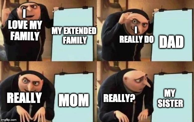 Gru's Plan |  I LOVE MY FAMILY; I REALLY DO; MY EXTENDED FAMILY; DAD; REALLY? REALLY; MY SISTER; MOM | image tagged in gru's plan | made w/ Imgflip meme maker