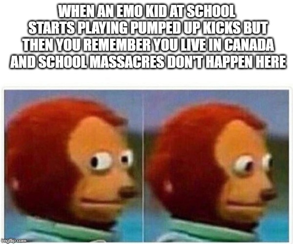 Monkey Puppet Meme | WHEN AN EMO KID AT SCHOOL STARTS PLAYING PUMPED UP KICKS BUT THEN YOU REMEMBER YOU LIVE IN CANADA AND SCHOOL MASSACRES DON'T HAPPEN HERE | image tagged in monkey puppet | made w/ Imgflip meme maker