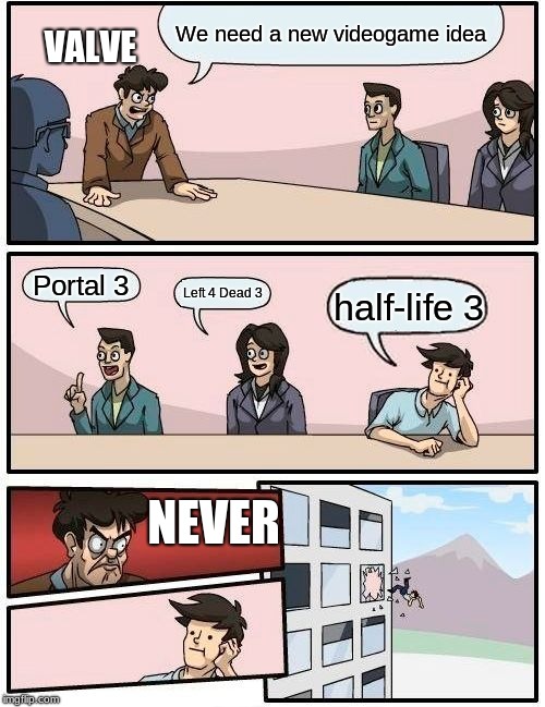 Boardroom Meeting Suggestion Meme | We need a new videogame idea; VALVE; Portal 3; Left 4 Dead 3; half-life 3; NEVER | image tagged in memes,boardroom meeting suggestion | made w/ Imgflip meme maker