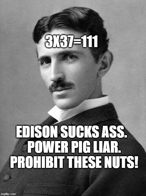Nikola Tesla | 3X37=111; EDISON SUCKS ASS.  POWER PIG LIAR.  PROHIBIT THESE NUTS! | image tagged in nikola tesla | made w/ Imgflip meme maker