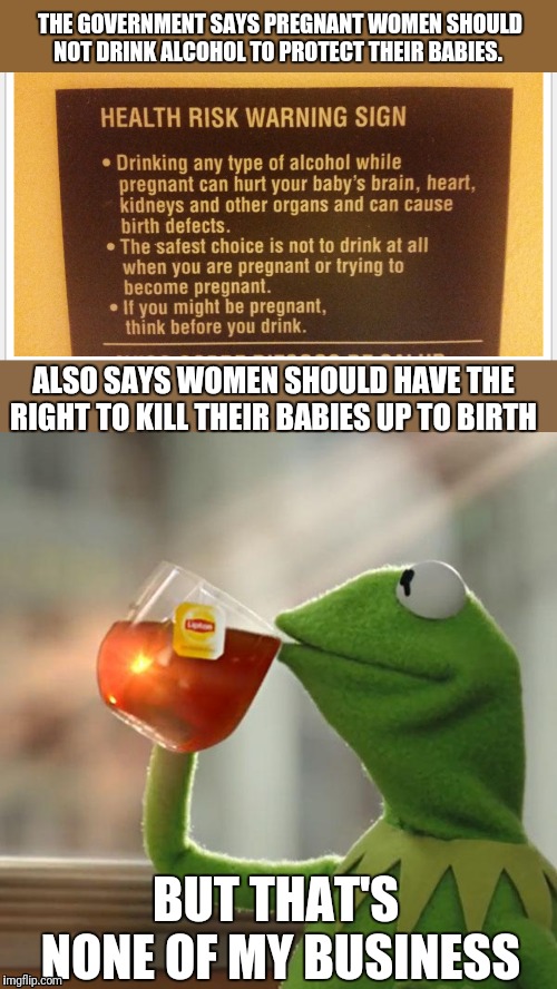 Ludicrous Laws week April 1-7 A Katechuks, LordCheesus and SydneyB  event | THE GOVERNMENT SAYS PREGNANT WOMEN SHOULD NOT DRINK ALCOHOL TO PROTECT THEIR BABIES. ALSO SAYS WOMEN SHOULD HAVE THE RIGHT TO KILL THEIR BABIES UP TO BIRTH; BUT THAT'S NONE OF MY BUSINESS | image tagged in memes,but thats none of my business,sad but true,hypocrisy,abortion,lies | made w/ Imgflip meme maker