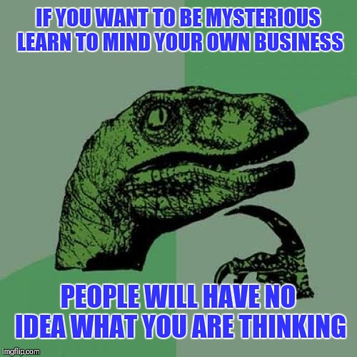 Philosoraptor Meme | IF YOU WANT TO BE MYSTERIOUS LEARN TO MIND YOUR OWN BUSINESS; PEOPLE WILL HAVE NO IDEA WHAT YOU ARE THINKING | image tagged in memes,philosoraptor | made w/ Imgflip meme maker