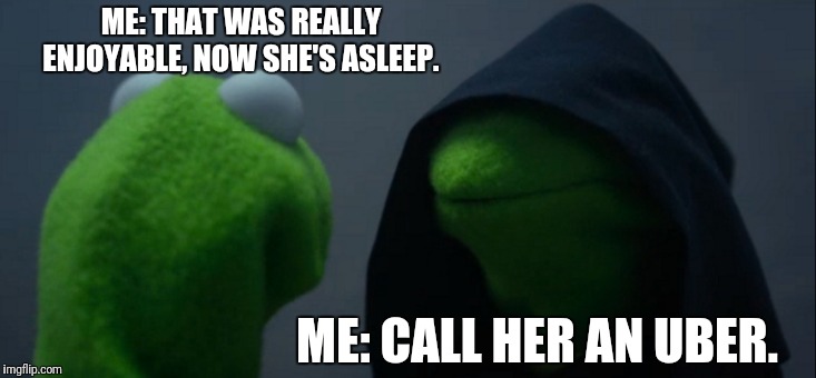 Evil Kermit | ME: THAT WAS REALLY ENJOYABLE, NOW SHE'S ASLEEP. ME: CALL HER AN UBER. | image tagged in memes,evil kermit | made w/ Imgflip meme maker