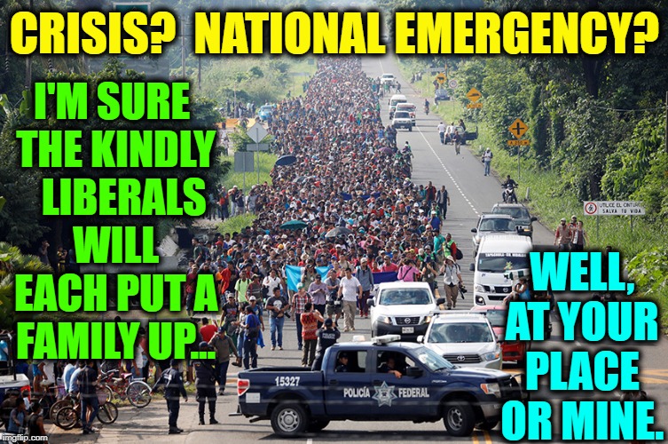 Just a Few Po' Folk Lookin' for Work | CRISIS?  NATIONAL EMERGENCY? I'M SURE THE KINDLY   LIBERALS WILL EACH PUT A FAMILY UP... WELL, AT YOUR PLACE OR MINE. | image tagged in vince vance,secure the border,border crisis,illegal immigrants,migrant caravan,ms-13 | made w/ Imgflip meme maker