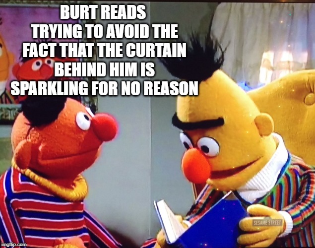 Bert and Ernie | BURT READS TRYING TO AVOID THE FACT THAT THE CURTAIN BEHIND HIM IS SPARKLING FOR NO REASON | image tagged in bert and ernie | made w/ Imgflip meme maker