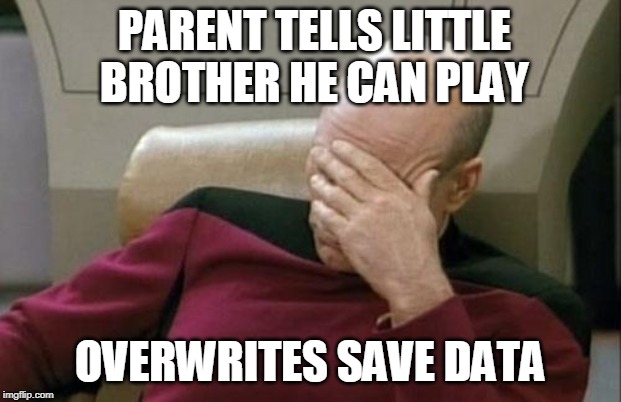 Captain Picard Facepalm Meme | PARENT TELLS LITTLE BROTHER HE CAN PLAY; OVERWRITES SAVE DATA | image tagged in memes,captain picard facepalm | made w/ Imgflip meme maker