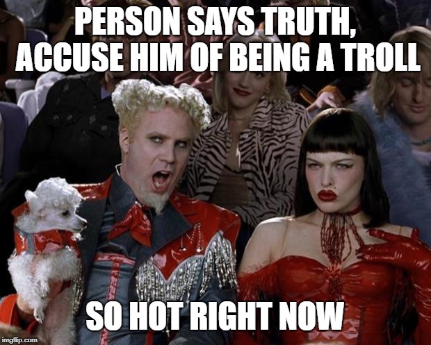 Mugatu So Hot Right Now Meme | PERSON SAYS TRUTH, ACCUSE HIM OF BEING A TROLL; SO HOT RIGHT NOW | image tagged in memes,mugatu so hot right now | made w/ Imgflip meme maker