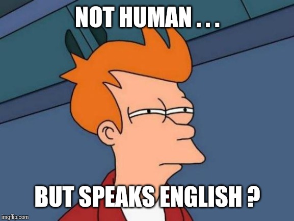 Futurama Fry Meme | NOT HUMAN . . . BUT SPEAKS ENGLISH ? | image tagged in memes,futurama fry | made w/ Imgflip meme maker