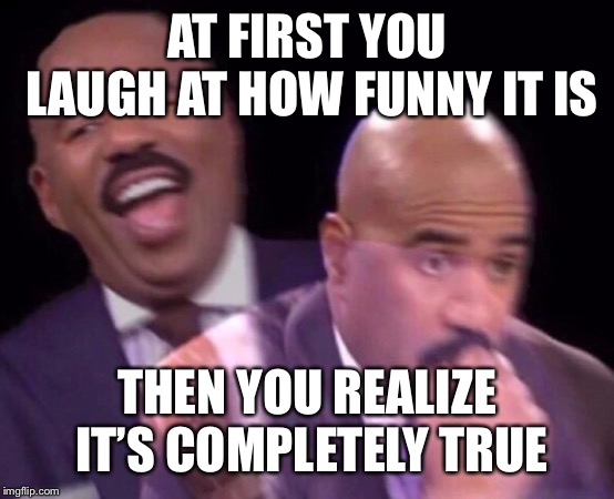 Steve Harvey Laughing Serious | AT FIRST YOU LAUGH AT HOW FUNNY IT IS THEN YOU REALIZE IT’S COMPLETELY TRUE | image tagged in steve harvey laughing serious | made w/ Imgflip meme maker