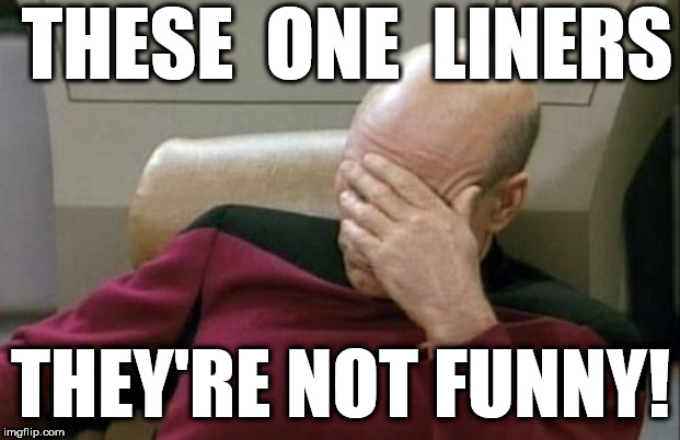 Captain Picard Facepalm Meme | THESE  ONE  LINERS THEY'RE NOT FUNNY! | image tagged in memes,captain picard facepalm | made w/ Imgflip meme maker
