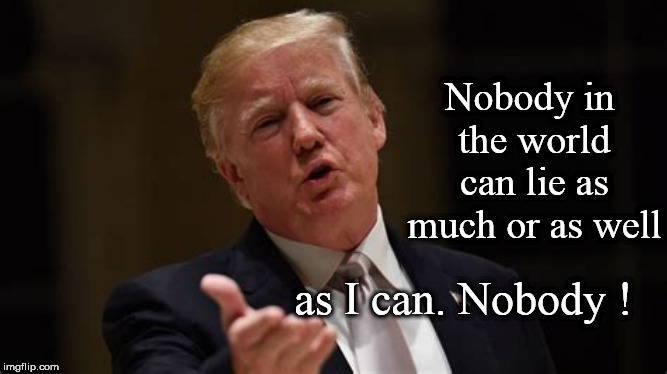Nobody in the world can lie as much or as well; as I can. Nobody ! | image tagged in politics,trump lies,best lies,trump's humility | made w/ Imgflip meme maker