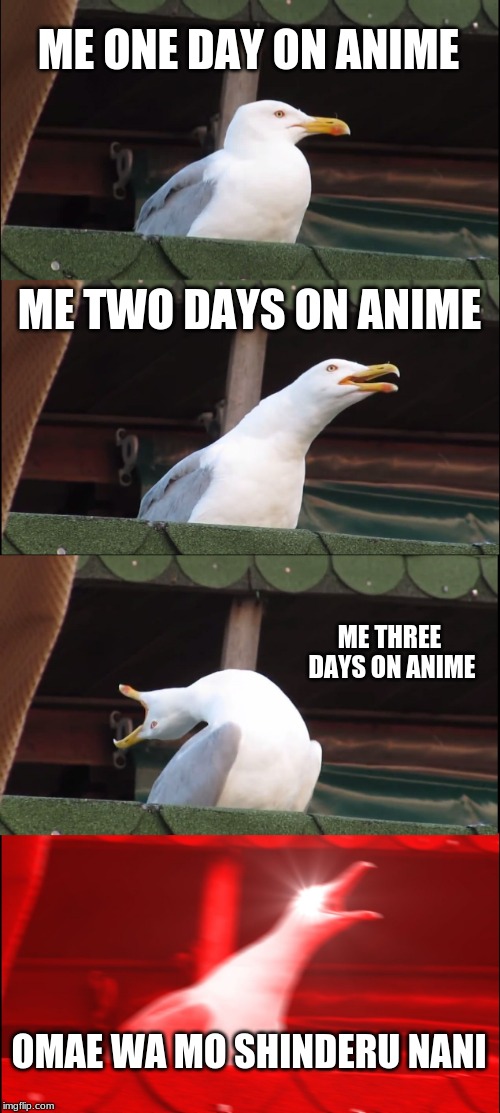 Inhaling Seagull | ME ONE DAY ON ANIME; ME TWO DAYS ON ANIME; ME THREE DAYS ON ANIME; OMAE WA MO SHINDERU NANI | image tagged in memes,inhaling seagull | made w/ Imgflip meme maker