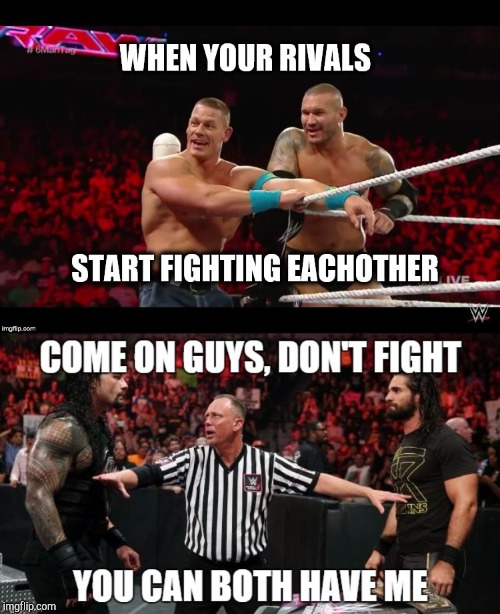 Watching rivals right | image tagged in john cena,rko,roman reigns,seth rollins,are you ready,wwe | made w/ Imgflip meme maker