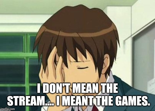 Kyon Face Palm Meme | I DON'T MEAN THE STREAM.... I MEANT THE GAMES. | image tagged in memes,kyon face palm | made w/ Imgflip meme maker