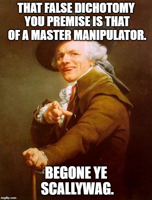 Joseph Ducreux Meme | THAT FALSE DICHOTOMY YOU PREMISE IS THAT OF A MASTER MANIPULATOR. BEGONE YE SCALLYWAG. | image tagged in memes,joseph ducreux | made w/ Imgflip meme maker