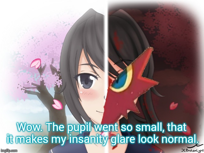 Yandere Blaziken | Wow. The pupil went so small, that it makes my insanity glare look normal. | image tagged in yandere blaziken | made w/ Imgflip meme maker