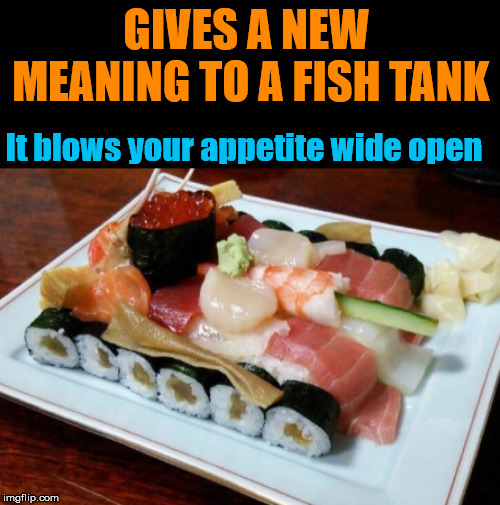 Sushi fish tank | GIVES A NEW MEANING TO A FISH TANK; It blows your appetite wide open | image tagged in meme,funny,sushi,fish,fish tank | made w/ Imgflip meme maker