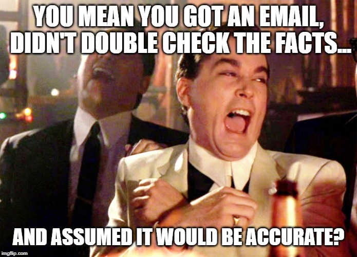 Good Fellas Hilarious Meme | YOU MEAN YOU GOT AN EMAIL, DIDN'T DOUBLE CHECK THE FACTS... AND ASSUMED IT WOULD BE ACCURATE? | image tagged in memes,good fellas hilarious | made w/ Imgflip meme maker