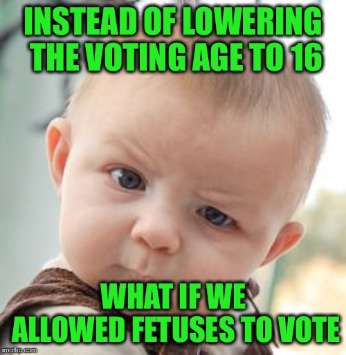 Skeptical Baby Meme | INSTEAD OF LOWERING THE VOTING AGE TO 16 WHAT IF WE ALLOWED FETUSES TO VOTE | image tagged in memes,skeptical baby | made w/ Imgflip meme maker