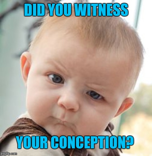 Skeptical Baby Meme | DID YOU WITNESS YOUR CONCEPTION? | image tagged in memes,skeptical baby | made w/ Imgflip meme maker