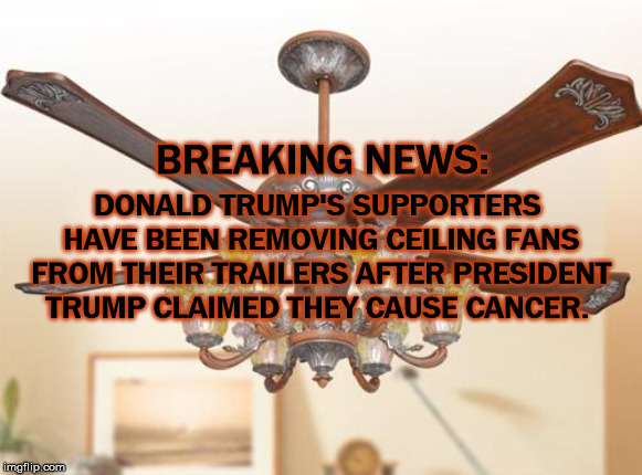President Trump Claims Windmills Cause Cancer | BREAKING NEWS:; DONALD TRUMP'S SUPPORTERS HAVE BEEN REMOVING CEILING FANS FROM THEIR TRAILERS AFTER PRESIDENT TRUMP CLAIMED THEY CAUSE CANCER. | image tagged in wind turbines,wind cancer,trump fans,mega,president trump,trumps mental health | made w/ Imgflip meme maker