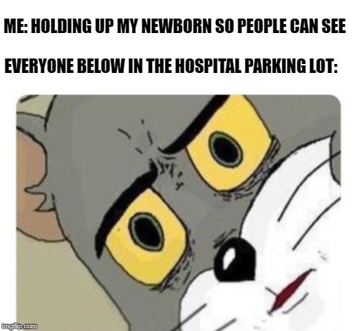 Look at the baby | ME: HOLDING UP MY NEWBORN SO PEOPLE CAN SEE; EVERYONE BELOW IN THE HOSPITAL PARKING LOT: | image tagged in shocked tom | made w/ Imgflip meme maker