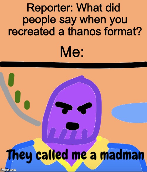 Reporter: What did people say when you recreated a thanos format? Me: | image tagged in avengers infinity war,thanos,funny | made w/ Imgflip meme maker