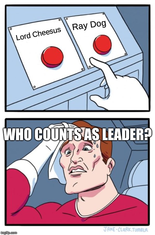 tell me, what counts as true leaderboard? | Ray Dog; Lord Cheesus; WHO COUNTS AS LEADER? | image tagged in memes,two buttons | made w/ Imgflip meme maker