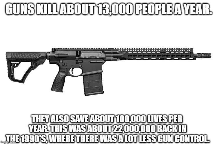 Ar-15 | GUNS KILL ABOUT 13,000 PEOPLE A YEAR. THEY ALSO SAVE ABOUT 100,000 LIVES PER YEAR. THIS WAS ABOUT 22,000,000 BACK IN THE 1990'S, WHERE THERE WAS A LOT LESS GUN CONTROL. | image tagged in ar-15 | made w/ Imgflip meme maker