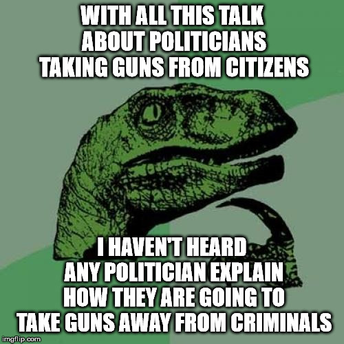 Philosoraptor | WITH ALL THIS TALK ABOUT POLITICIANS TAKING GUNS FROM CITIZENS; I HAVEN'T HEARD ANY POLITICIAN EXPLAIN HOW THEY ARE GOING TO TAKE GUNS AWAY FROM CRIMINALS | image tagged in memes,philosoraptor | made w/ Imgflip meme maker