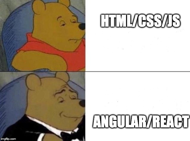 Tuxedo Winnie The Pooh Meme | HTML/CSS/JS; ANGULAR/REACT | image tagged in tuxedo winnie the pooh | made w/ Imgflip meme maker