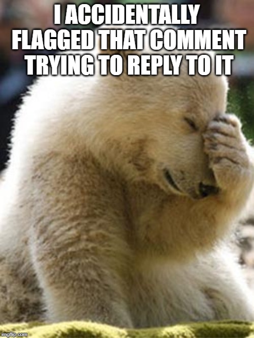 Facepalm Bear Meme | I ACCIDENTALLY FLAGGED THAT COMMENT TRYING TO REPLY TO IT | image tagged in memes,facepalm bear | made w/ Imgflip meme maker