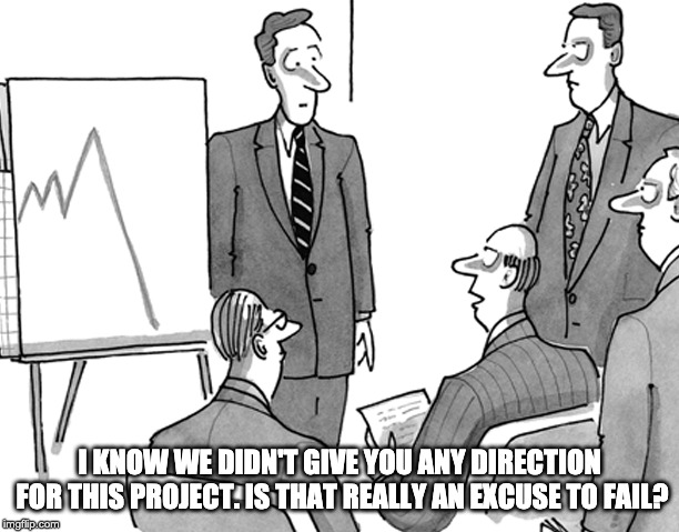 America’s Bottomline | I KNOW WE DIDN'T GIVE YOU ANY DIRECTION FOR THIS PROJECT. IS THAT REALLY AN EXCUSE TO FAIL? | image tagged in memes,work,career | made w/ Imgflip meme maker