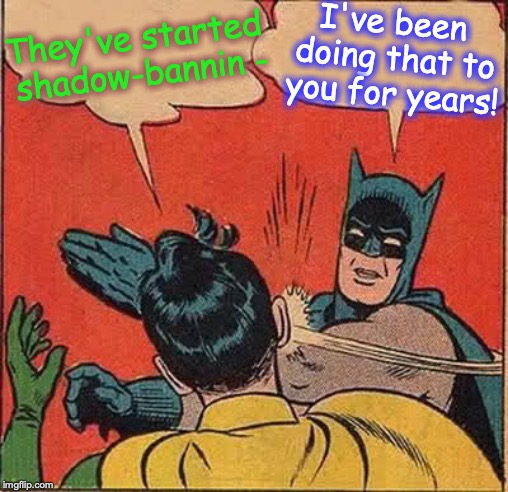 Batman Slapping Robin | They've started shadow-bannin -; I've been doing that to you for years! | image tagged in memes,batman slapping robin | made w/ Imgflip meme maker