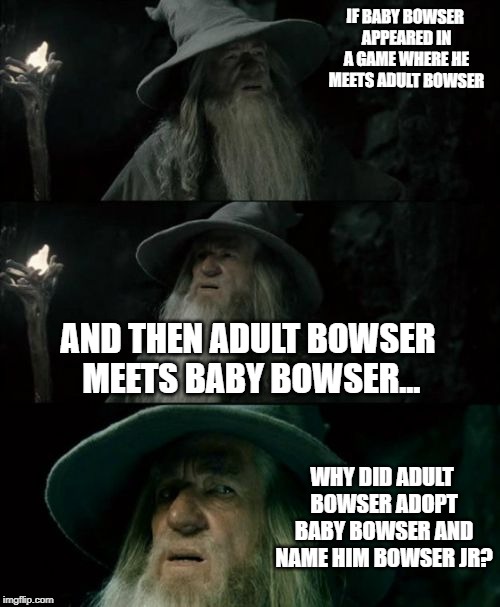 Confused Gandalf Meme | IF BABY BOWSER APPEARED IN A GAME WHERE HE MEETS ADULT BOWSER; AND THEN ADULT BOWSER MEETS BABY BOWSER... WHY DID ADULT BOWSER ADOPT BABY BOWSER AND NAME HIM BOWSER JR? | image tagged in memes,confused gandalf | made w/ Imgflip meme maker