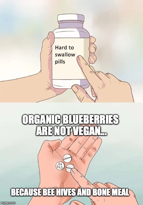 Hard To Swallow Pills Meme | ORGANIC BLUEBERRIES ARE NOT VEGAN... BECAUSE BEE HIVES AND BONE MEAL | image tagged in memes,hard to swallow pills | made w/ Imgflip meme maker