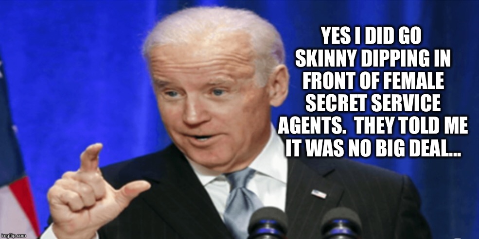 Hmm... | YES I DID GO SKINNY DIPPING IN FRONT OF FEMALE SECRET SERVICE AGENTS.  THEY TOLD ME IT WAS NO BIG DEAL... | image tagged in joe biden,creepy | made w/ Imgflip meme maker