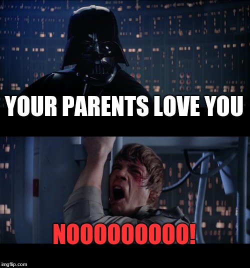 Star Wars No Meme | YOUR PARENTS LOVE YOU; NOOOOOOOOO! | image tagged in memes,star wars no | made w/ Imgflip meme maker