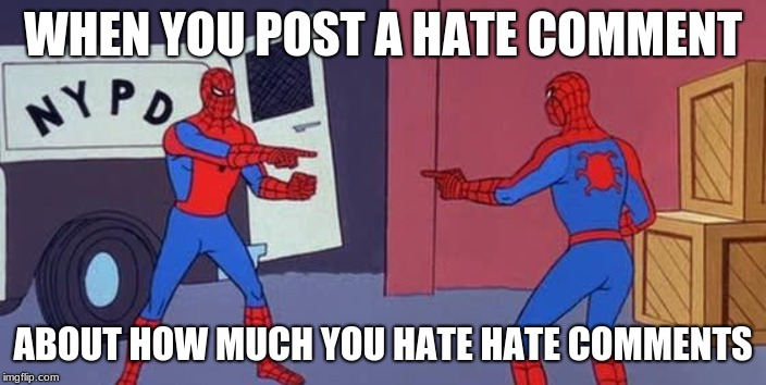 Spider Man Double | WHEN YOU POST A HATE COMMENT; ABOUT HOW MUCH YOU HATE HATE COMMENTS | image tagged in spider man double | made w/ Imgflip meme maker