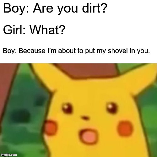 Surprised Pikachu | Boy: Are you dirt? Girl: What? Boy: Because I'm about to put my shovel in you. | image tagged in memes,surprised pikachu | made w/ Imgflip meme maker