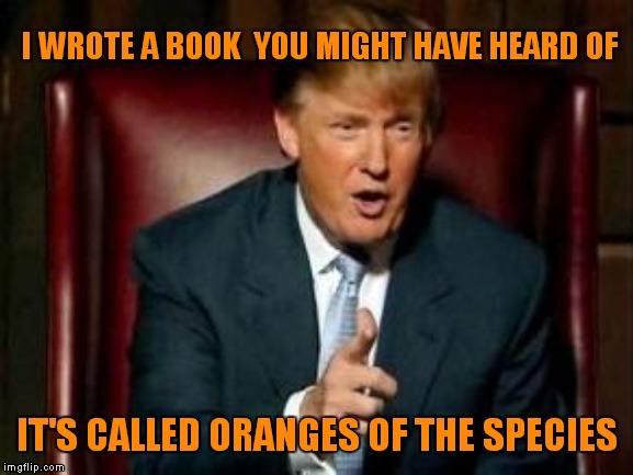 It's The Best Book Ever Written, I have The Best Words | I WROTE A BOOK  YOU MIGHT HAVE HEARD OF; IT'S CALLED ORANGES OF THE SPECIES | image tagged in donald trump,oranges | made w/ Imgflip meme maker