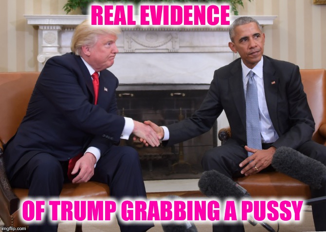 Trump Obama  | REAL EVIDENCE OF TRUMP GRABBING A PUSSY | image tagged in trump obama | made w/ Imgflip meme maker