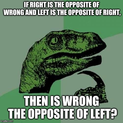 Philosoraptor | IF RIGHT IS THE OPPOSITE OF WRONG AND LEFT IS THE OPPOSITE OF RIGHT, THEN IS WRONG THE OPPOSITE OF LEFT? | image tagged in memes,philosoraptor | made w/ Imgflip meme maker